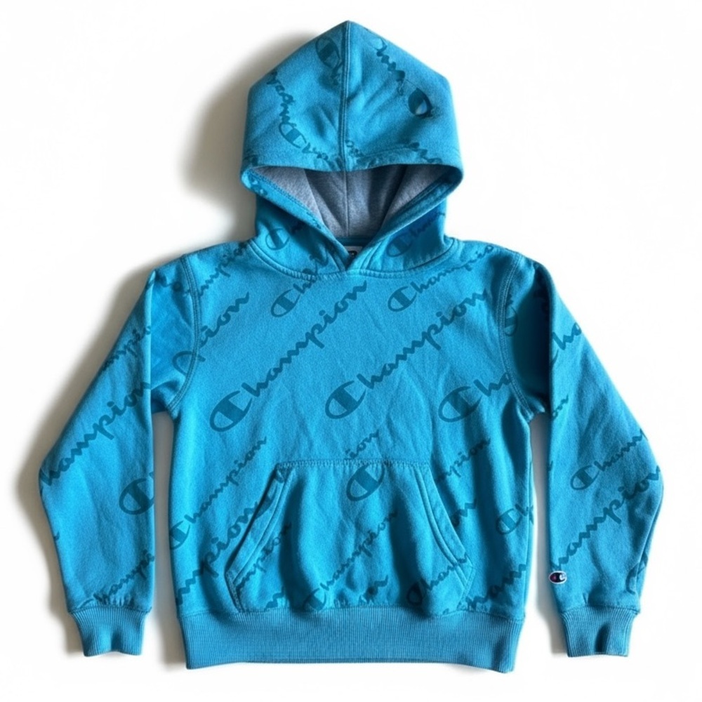 Champion Allover Logo Hoodie Blue Fleece Sweatshirt Cozy Pullover Fall Youth XS